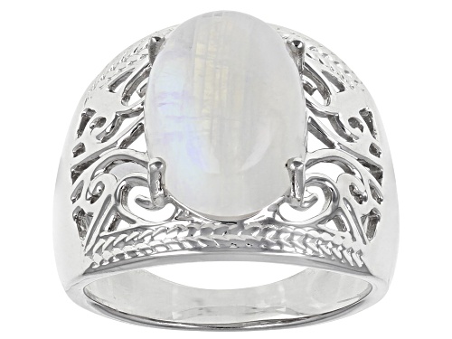 14x10mm Oval Rainbow Moonstone Rhodium Over Sterling Silver Ring - Size 7
