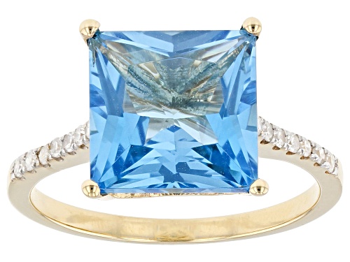 Photo of 4.85ct Princess Cut Swiss Blue Topaz With 0.11ctw White Diamonds 10k Yellow Gold Ring - Size 9