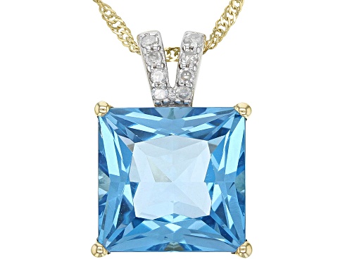 Photo of 4.85ct Princess Cut Swiss Blue Topaz With 0.06ctw Diamond Accent 10k Yellow Gold Pendant With Chain