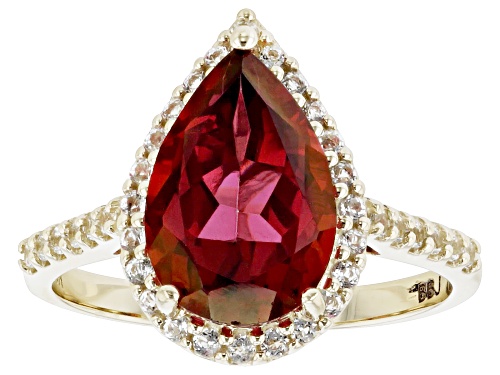 3.06ct Pear Shape Peony Color Topaz With 0.28ctw Round White Topaz 10k Yellow Gold Ring - Size 7