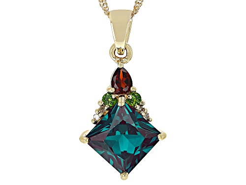 2.90ctw Lab Alexandrite With Garnet, Chrome Diopside and Diamond 10K Yellow Gold Pendant With Chain