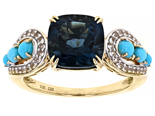 Photo of 3.10ct London Blue Topaz with Sleeping Beauty Turquoise & 0.17ctw White Topaz 10k Yellow Gold Ring - Size 8