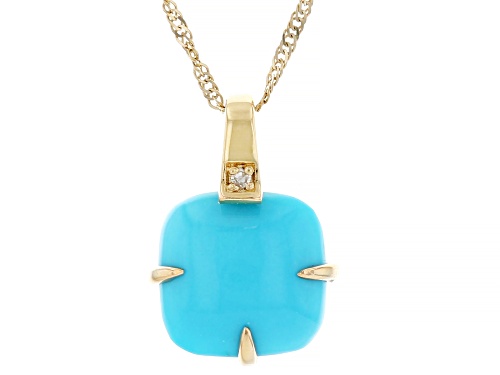 10x10mm Sleeping Beauty Turquoise And 0.01ctw White Diamond 14k Yellow Gold Pendant With Chain