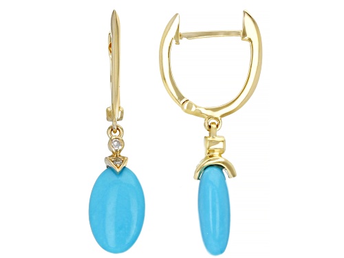 11x7mm Oval Sleeping Beauty Turquoise And 0.03ctw White Diamond 14k Yellow Gold Earrings