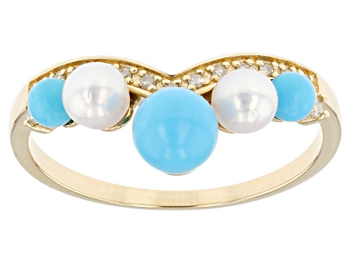 5x5mm Sleeping Beauty Turquoise, Cultured Akoya Pearl, 0.09ctw Diamond 14k Yellow Gold Band Ring - Size 5.5