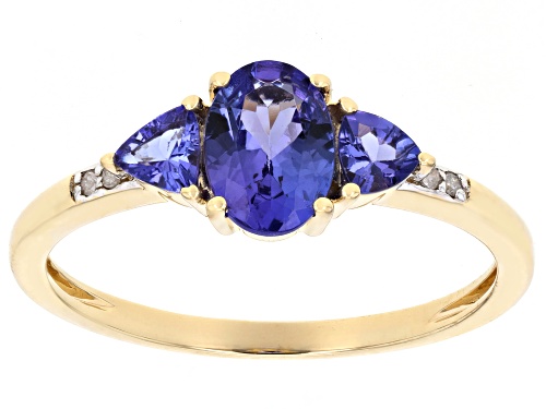 0.28ctw Trillion And 0.70ctw Oval Blue Tanzanite And 0.02ctw Round Diamond 10k Yellow Gold Ring - Size 9