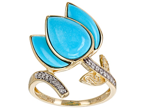 12x8mm & 12x4mm Sleeping Beauty Turquoise With 0.07ctw Diamond 10k Yellow Gold Ring - Size 7