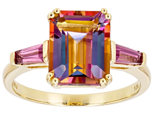 2.51ct Northern Lights(TM) Quartz With 0.26ctw Rhodolite 10k Yellow Gold Ring - Size 9