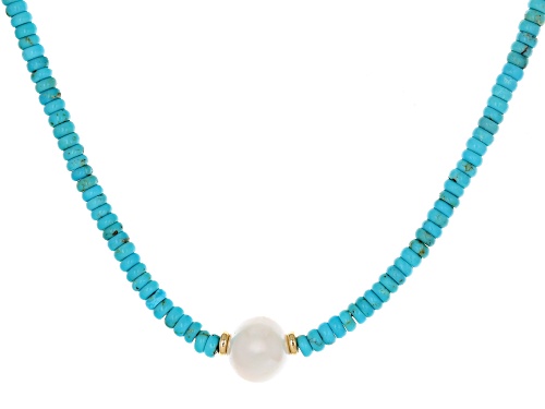 4mm Sleeping Beauty Turquoise With 11mm Cultured Freshwater Pearl 14k Yellow Gold Necklace