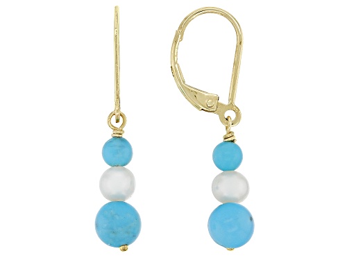 4mm, 6mm Blue Sleeping Beauty Turquoise With 5mm Cultured Freshwater Pearl 10k Yellow Gold Earrings