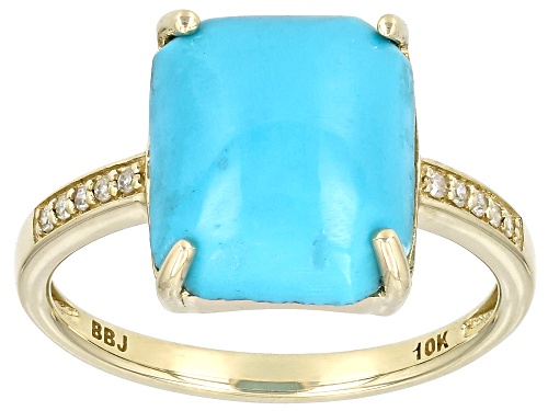 12x10mm Sleeping Beauty Turquoise With 0.04ctw White Diamond 10k Yellow Gold Ring - Size 6