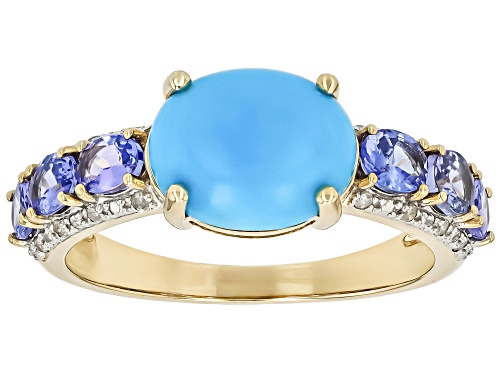 10x8mm Sleeping Beauty Turquoise, 0.92ctw Tanzanite With 0.06ctw White Diamond 10k Yellow Gold Ring - Size 6