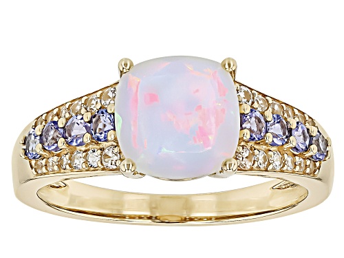 1.12ctw Ethiopian Opal With 0.34ctw Tanzanite With 0.08ctw White Zircon 10k Yellow Gold Ring - Size 8