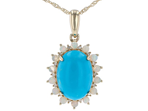 14x10mm Sleeping Beauty Turquoise, 2mm Ethiopian Opal, 0.06ctw Diamond 10k Gold Pendant/Chain