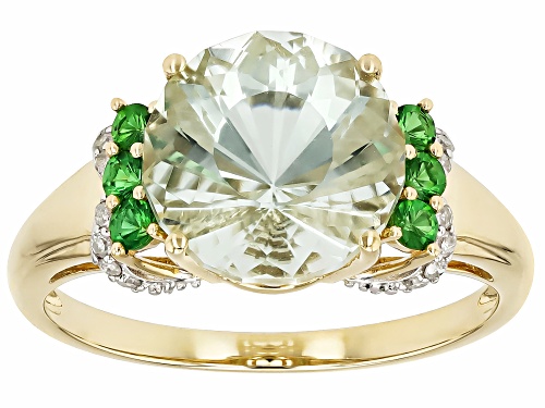 3.21ct Prasiolite With 0.20ctw Tsavorite With 0.08ctw White Diamond 10k Yellow Gold Ring - Size 8