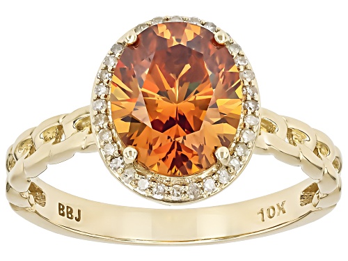 3.33ct Cognac Strontium Titanate With 0.12ctw  White Diamond 10k Yellow Gold Halo Ring - Size 8