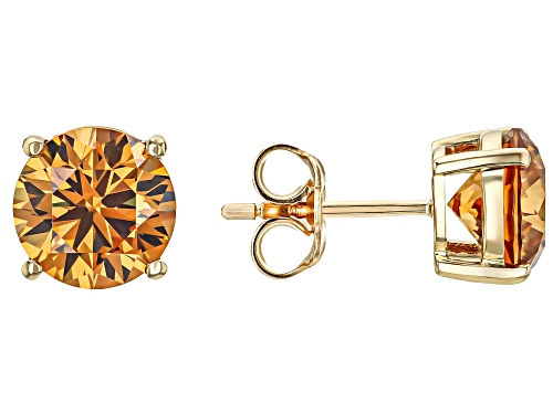 5.20ctw Round Cognac Strontium Titanate 10k Yellow Gold Stud Earrings