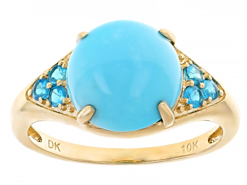 10mm Sleeping Beauty Turquoise With 0.26ctw Neon Apatite 10k Yellow Gold Ring - Size 12