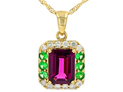 1.99ctw Grape Color Garnet, Tsavorite, Diamond 14k Yellow Gold Pendant With Chain