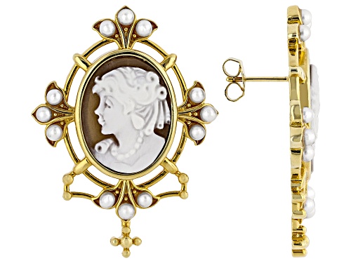 Cameo Italiano 20x16mm Portrait Cameo, 3mm Cultured Freshwater Pearl 18k Gold Over Silver Earrings
