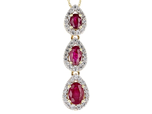 1.03ctw Oval Burmese Ruby And .32ctw Round White Zircon 14k Yellow Gold 3-Stone Pendant With Chain