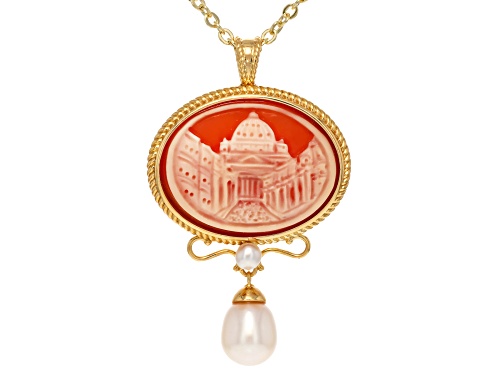 Cameoso™ 18k Yellow Gold Over Bronze 30mm San Pietro with Cultured Freshwater Pearl Pendant