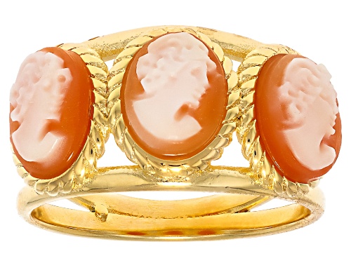 Cameoso™ 18k Yellow Gold Over Bronze 8x6mm Triple Cameo Band Ring with Rope Frame - Size 7