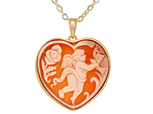 Cameoso™ 18k Yellow Gold Over Bronze 30mm Angel Carving Heart Pendant with Chain