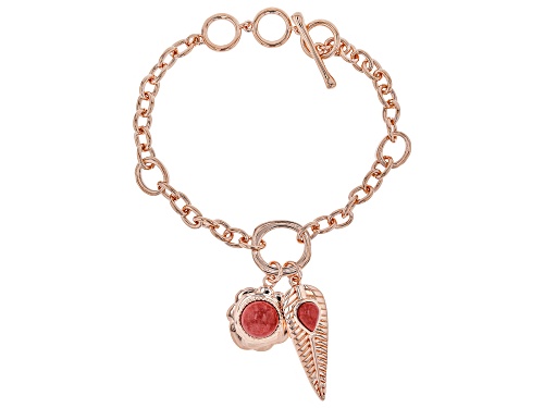 Timna Jewelry Collection™ 8x6mm Pear Shape and 10mm Round Pink Coral Copper Charm Bracelet. - Size 7.5