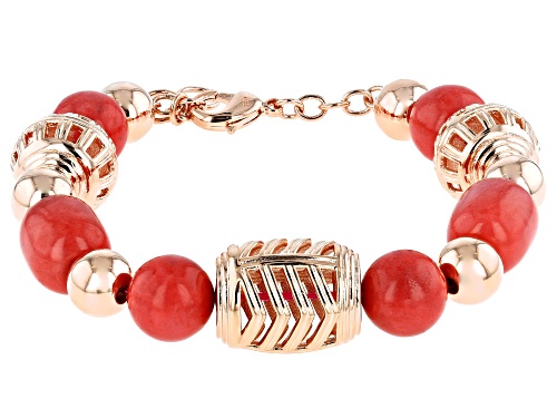 Timna Jewelry Collection™ Barrel Shape and Round Pink Coral Copper Station Bracelet - Size 8