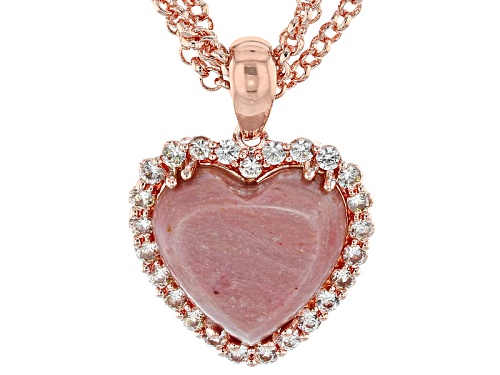 Timna Jewelry Collection™ Heart Shape Rhodonite and 1.32ctw White Zircon Copper Pendant With Chain
