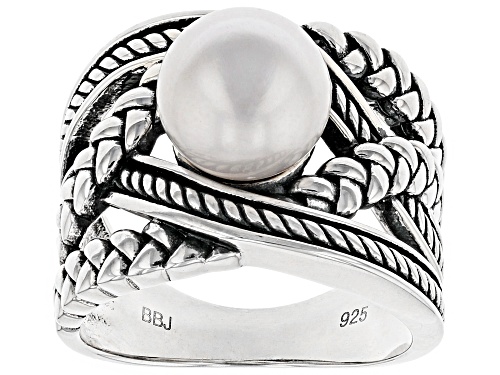 Photo of 9-10mm White Cultured Freshwater Pearl Rhodium Over Sterling Silver Crossover Ring - Size 12
