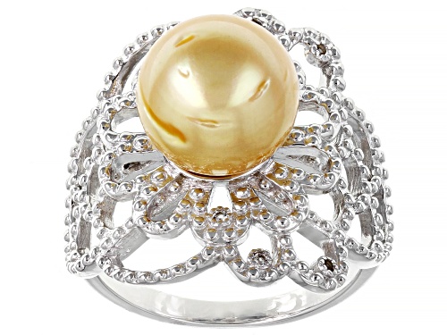 10-11mm Golden Cultured South Sea Pearl With White Topaz Rhodium Over Sterling Silver Ring - Size 12