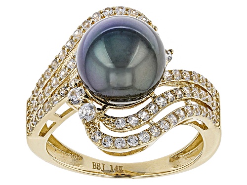 9.5-10mm Cultured Tahitian Pearl With .83ctw White Zircon 14k Yellow Gold Ring - Size 7