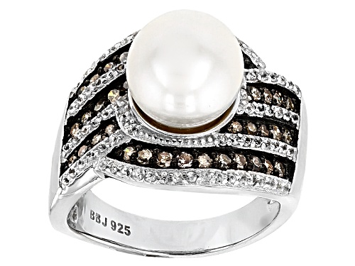 Photo of 9.5-10mm Cultured Freshwater Pearl, 1.08ctw Diamond & Zircon Rhodium Over Silver Ring - Size 12