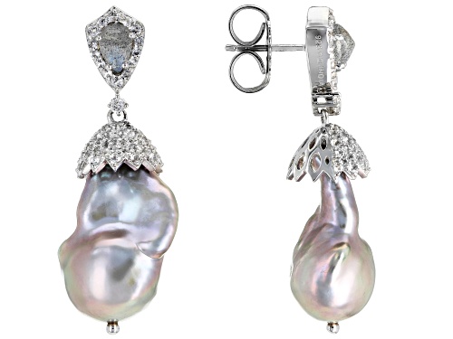 13-15mm Gray Cultured Freshwater Pearl, Labradorite & White Topaz Rhodium Over Silver Earrings