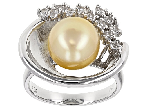 10mm Golden Cultured South Sea Pearl & White Zircon Rhodium Over Sterling Silver Ring - Size 8