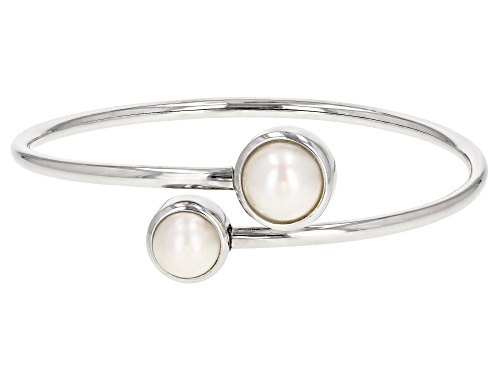 9-11mm White Cultured South Sea Mabe Pearl Rhodium Over Sterling Silver 7.5 Inch Bangle Bracelet - Size 7.5