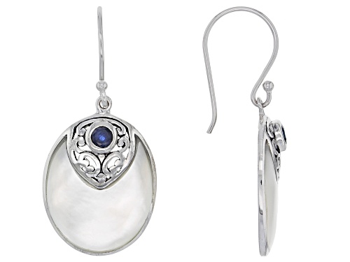 17x20 White Mother of Pearl & Sapphire, Rhodium Over Sterling Silver Earrings