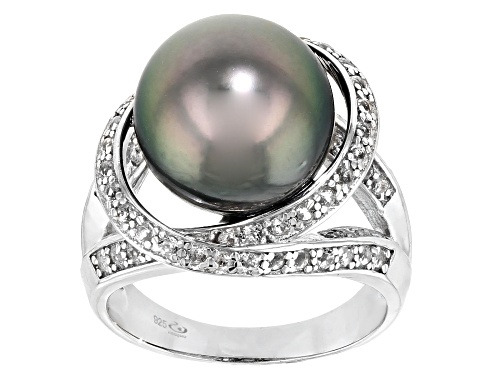 12mm Cultured Tahitian Pearl & .95ctw White Topaz Rhodium Over Sterling Silver Ring - Size 12