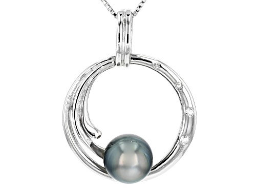 8-9mm Cultured Tahitian Pearl & White Topaz Rhodium Over Silver Pendant With Chain