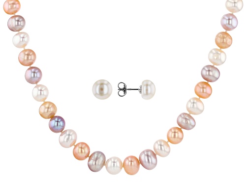 9-10mm Multicolor Cultured Freshwater Pearl Rhodium Over Silver Necklace & Earrings Set