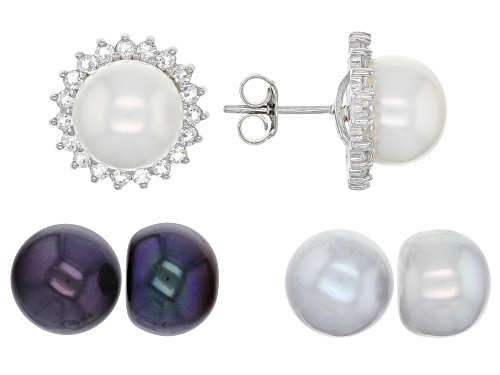 11MM MULTI-COLOR CULTURED FRESHWATER PEARL & TOPAZ RHODIUM OVER SILVER EARRINGS SET WITH JACKETS