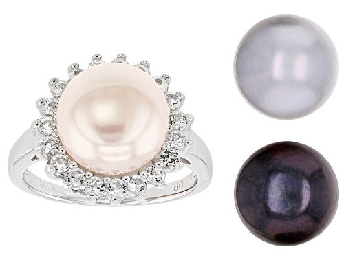 11MM MULTI-COLOR CULTURED FRESHWATER PEARL & TOPAZ RHODIUM OVER SILVER INTERCHANGEABLE RING SET - Size 12