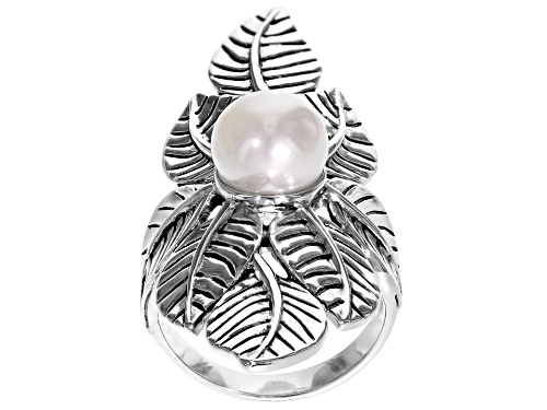 9mm White Cultured Freshwater Pearl Rhodium Over Sterling Silver Ring - Size 5