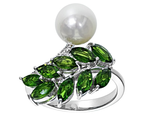 9-9.5mm Cultured Freshwater Pearl, Chrome Diopside & White Zircon Rhodium Over Silver Ring - Size 12