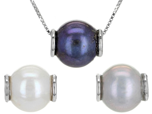 9.5-10mm Multi-Color Cultured Freshwater Pearl Rhodium Over Silver Interchangeable Pendant/Chain Set