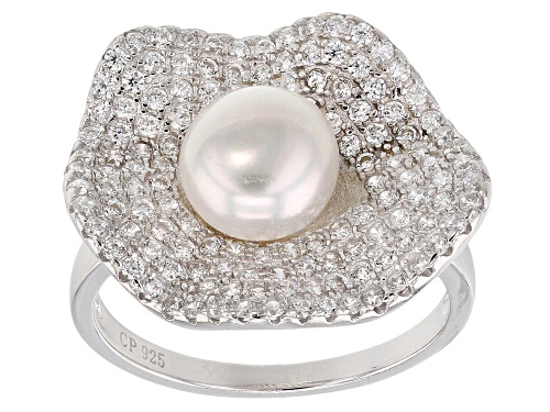 7-8mm Cultured Freshwater Pearl & Bella Luce(TM) Diamond Simulant Rhodium Over Silver Ring - Size 11