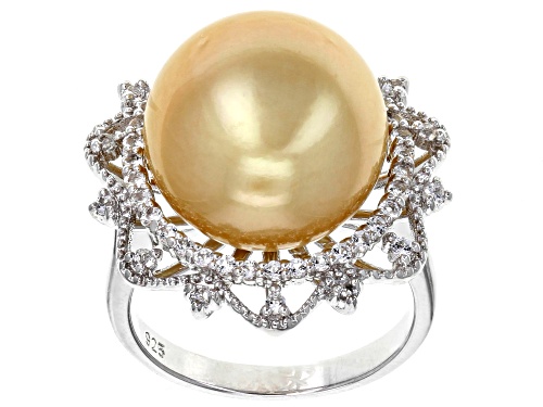 14mm Golden Cultured South Sea Pearl & White Topaz Rhodium Over Sterling Silver Ring - Size 7