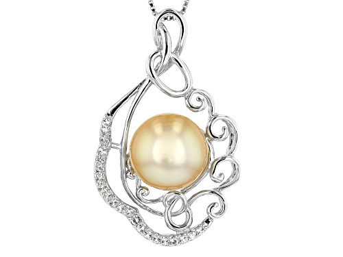 12mm Golden South Sea Pearl & White Topaz Rhodium Over Sterling Silver Pendant With Chain